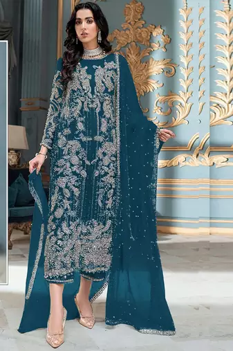 Aqua heavy organza embroidery pakistani salwar suit