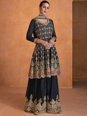 BLUE COLOUR DESIGNER EMBROIDERY WORK PALAZZO DRESS FOR WEDDING LOOKS SEMI STITCHED 1