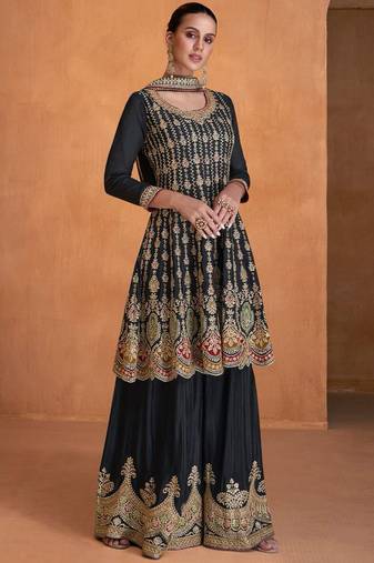 BLUE COLOUR DESIGNER EMBROIDERY WORK PALAZZO DRESS FOR WEDDING LOOKS SEMI STITCHED