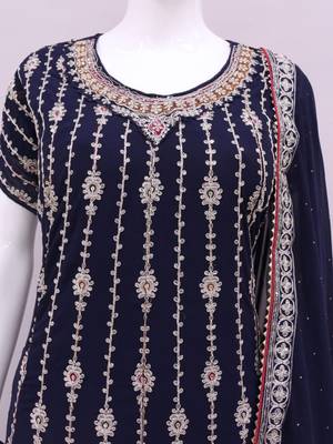 BLUE COLOUR DESIGNER EMBROIDERY WORK PALAZZO DRESS FOR WEDDING LOOKS SEMI STITCHED 3