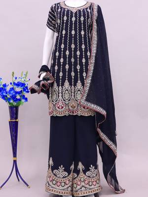BLUE COLOUR DESIGNER EMBROIDERY WORK PALAZZO DRESS FOR WEDDING LOOKS SEMI STITCHED 4
