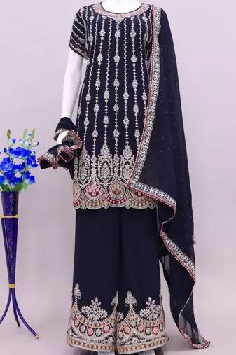 BLUE COLOUR DESIGNER EMBROIDERY WORK PALAZZO DRESS FOR WEDDING LOOKS SEMI STITCHED