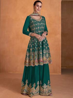 TEAL GREEN COLOUR DESIGNER EMBROIDERY WORK PALAZZO DRESS FOR WEDDING LOOKS SEMI STITCHED 1