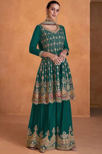 TEAL GREEN COLOUR DESIGNER EMBROIDERY WORK PALAZZO DRESS FOR WEDDING LOOKS SEMI STITCHED