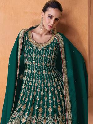 TEAL GREEN COLOUR DESIGNER EMBROIDERY WORK PALAZZO DRESS FOR WEDDING LOOKS SEMI STITCHED 2