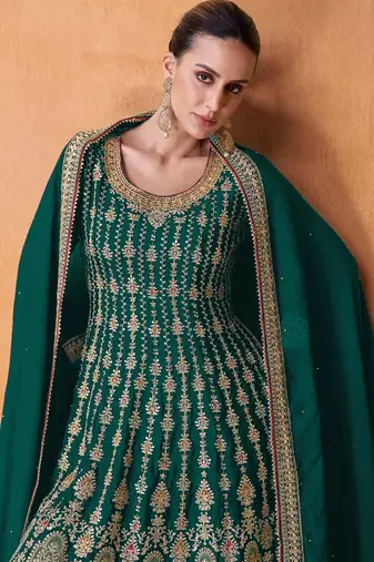 TEAL GREEN COLOUR DESIGNER EMBROIDERY WORK PALAZZO DRESS FOR WEDDING LOOKS SEMI STITCHED