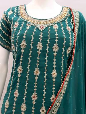 TEAL GREEN COLOUR DESIGNER EMBROIDERY WORK PALAZZO DRESS FOR WEDDING LOOKS SEMI STITCHED 3