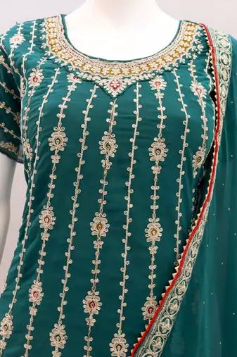 TEAL GREEN COLOUR DESIGNER EMBROIDERY WORK PALAZZO DRESS FOR WEDDING LOOKS SEMI STITCHED