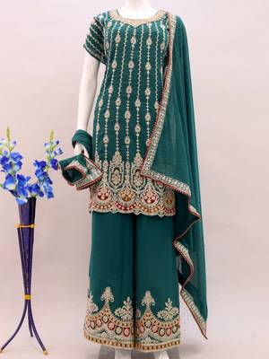 TEAL GREEN COLOUR DESIGNER EMBROIDERY WORK PALAZZO DRESS FOR WEDDING LOOKS SEMI STITCHED 4