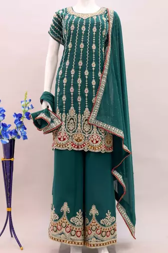 TEAL GREEN COLOUR DESIGNER EMBROIDERY WORK PALAZZO DRESS FOR WEDDING LOOKS SEMI STITCHED