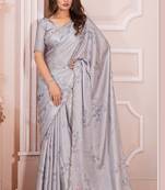 Grey Digital Printed Satin Georgette Saree Sari With Matching Blouse Piece
