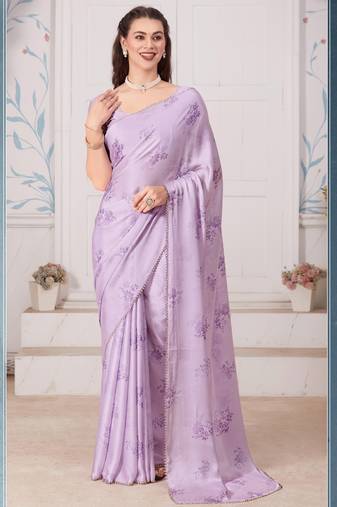 Digital Printed Satin Georgette Saree In Purple With Matching Blouse Piece