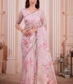 Pink digital printed work glass organza silk zarkan border work designer saree sari with matching blouse piece