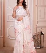 Off-White Digital Printed Work Glass Organza Silk Zarkan Border Work Designer Saree Sari With Matching Blouse Piece