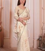 Light beige digital printed work glass organza silk zarkan border work designer saree sari with matching blouse piece