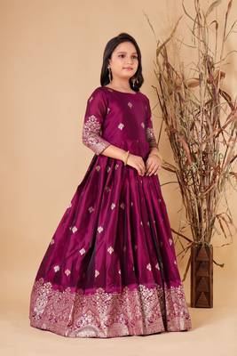 Elegant Wine Silk Anarkali Gown for Girls 2