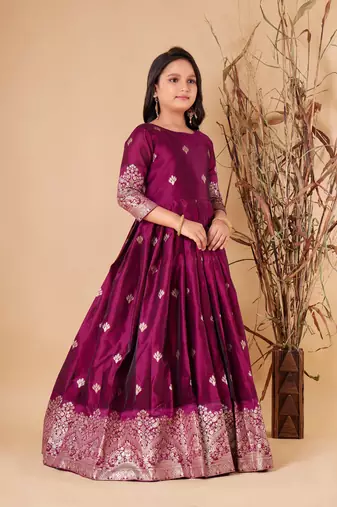 Elegant Wine Silk Anarkali Gown for Girls