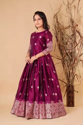 Elegant Wine Silk Anarkali Gown for Girls