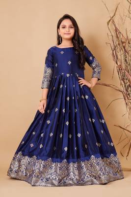 Regal Navy Blue Jacquard Anarkali Gown for Girls 1