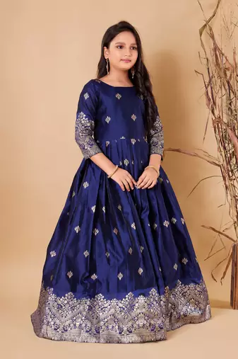 Regal Navy Blue Jacquard Anarkali Gown for Girls