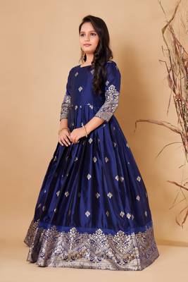 Regal Navy Blue Jacquard Anarkali Gown for Girls 3