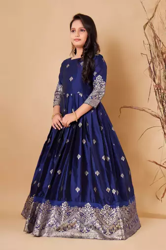 Regal Navy Blue Jacquard Anarkali Gown for Girls