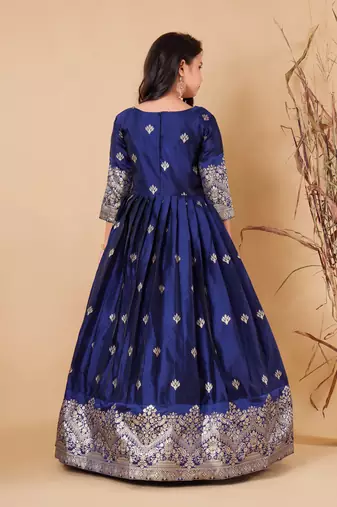 Regal Navy Blue Jacquard Anarkali Gown for Girls