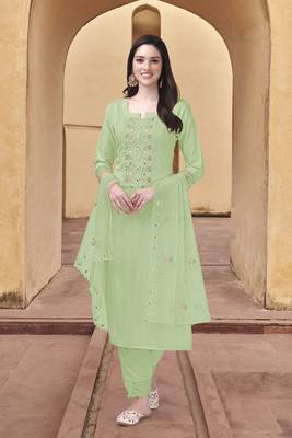Women's Light Green Cotton Embroidered Kurta set with Dupatta 3 pieces Salwar Kameez Set 1