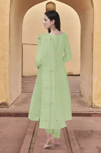 Trendmalls Women's Light Green Cotton Embroidered Kurta set with Dupatta 3 pieces Salwar Kameez Set