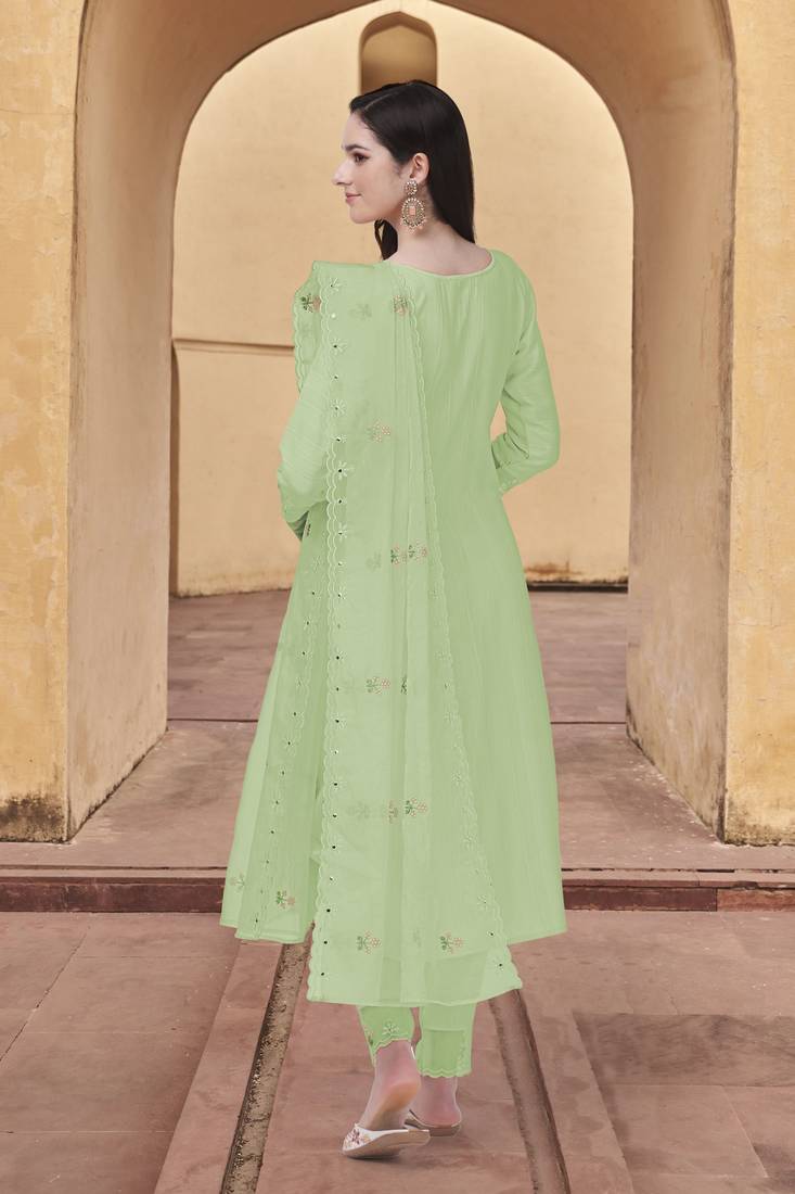 Women's Light Green Cotton Embroidered Kurta set with Dupatta 3 pieces Salwar Kameez Set