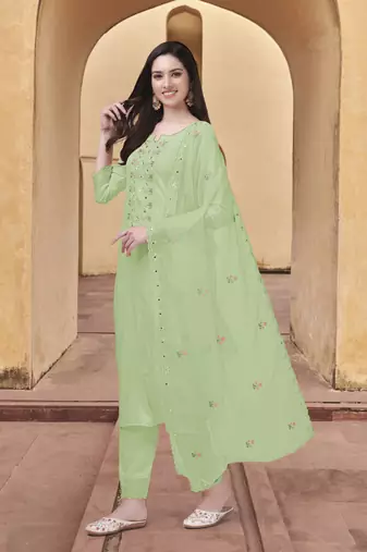 Trendmalls Women's Light Green Cotton Embroidered Kurta set with Dupatta 3 pieces Salwar Kameez Set