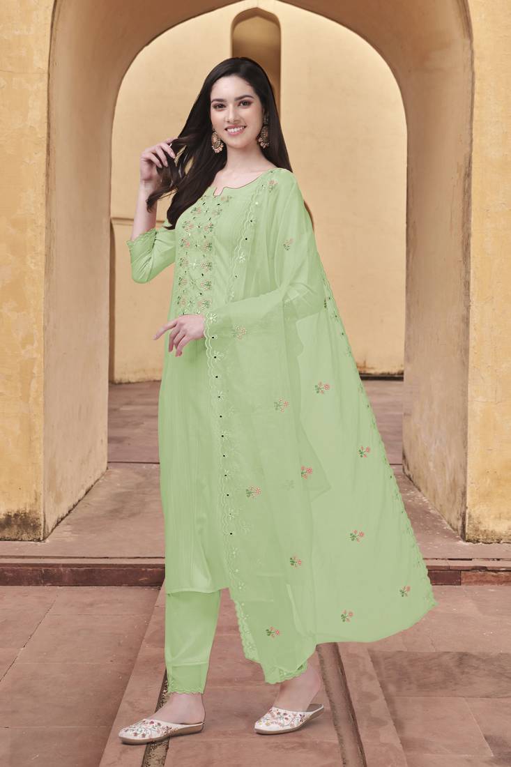 Women's Light Green Cotton Embroidered Kurta set with Dupatta 3 pieces Salwar Kameez Set