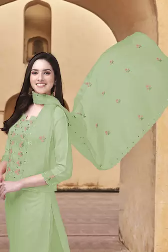 Trendmalls Women's Light Green Cotton Embroidered Kurta set with Dupatta 3 pieces Salwar Kameez Set