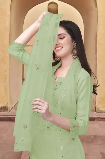Trendmalls Women's Light Green Cotton Embroidered Kurta set with Dupatta 3 pieces Salwar Kameez Set