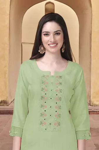 Trendmalls Women's Light Green Cotton Embroidered Kurta set with Dupatta 3 pieces Salwar Kameez Set