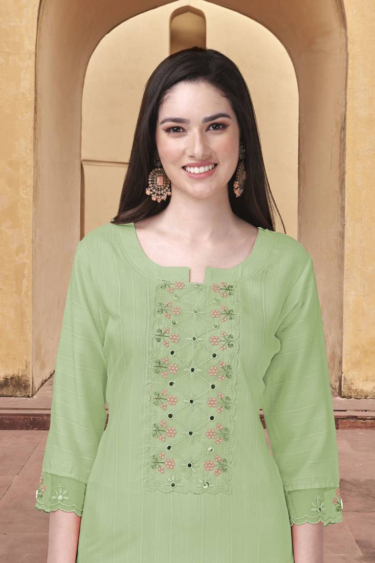 Women's Light Green Cotton Embroidered Kurta set with Dupatta 3 pieces Salwar Kameez Set