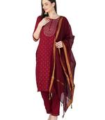 Maroon Cotton Magic Slub Embroidered Kurta Set With Dupatta