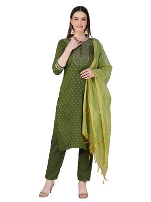Embroidered Mehendi Color Kurta Set 1