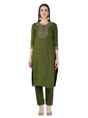 Embroidered Mehendi Color Kurta Set 2