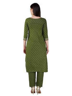 Embroidered Mehendi Color Kurta Set 4