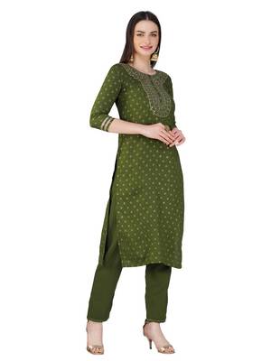 Embroidered Mehendi Color Kurta Set 5