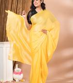 Lemon Yellow Women Striped Chiffon Solid Saree