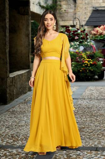 Yellow Semi-Stitched Crop Top Lehenga Choli with Dupatta For Women