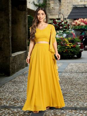 Trendmalls Yellow Semi-Stitched Crop Top Lehenga Choli with Dupatta For Women 1