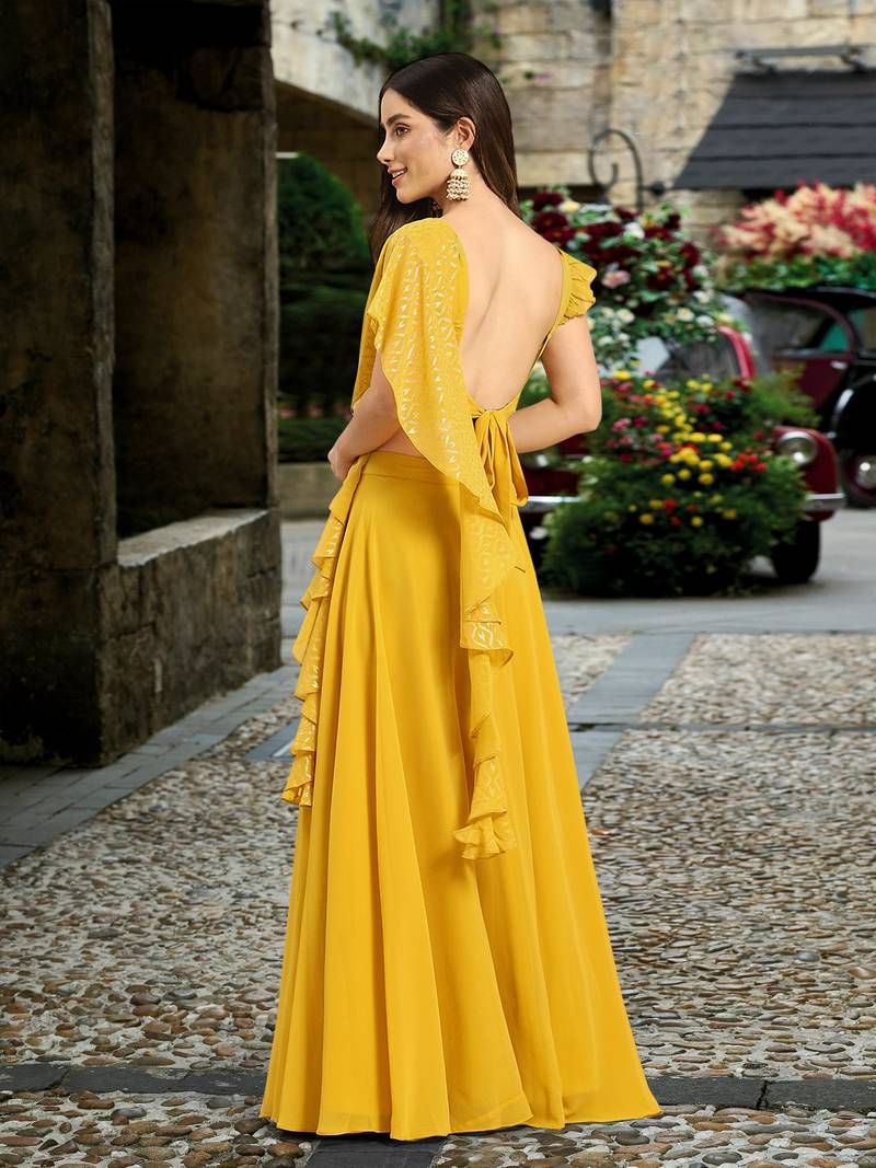 Yellow Semi-Stitched Crop Top Lehenga Choli with Dupatta For Women