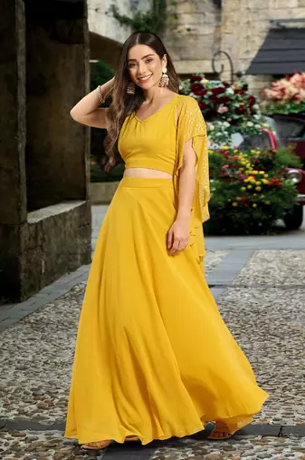 Trendmalls Yellow Semi-Stitched Crop Top Lehenga Choli with Dupatta For Women