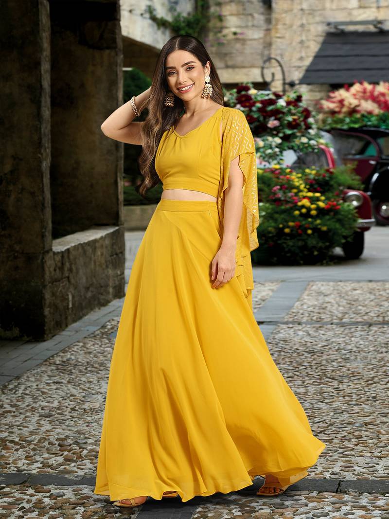 Yellow Semi-Stitched Crop Top Lehenga Choli with Dupatta For Women