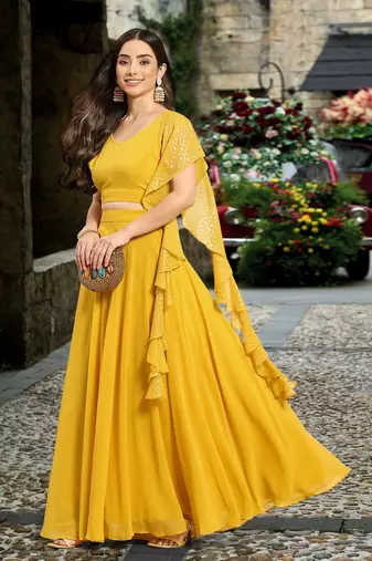 Trendmalls Yellow Semi-Stitched Crop Top Lehenga Choli with Dupatta For Women