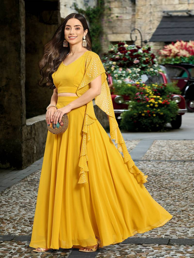 Yellow Semi-Stitched Crop Top Lehenga Choli with Dupatta For Women