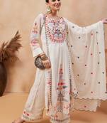 Rajgranth women's faux georgette fabric thread embroidery kurta with pants